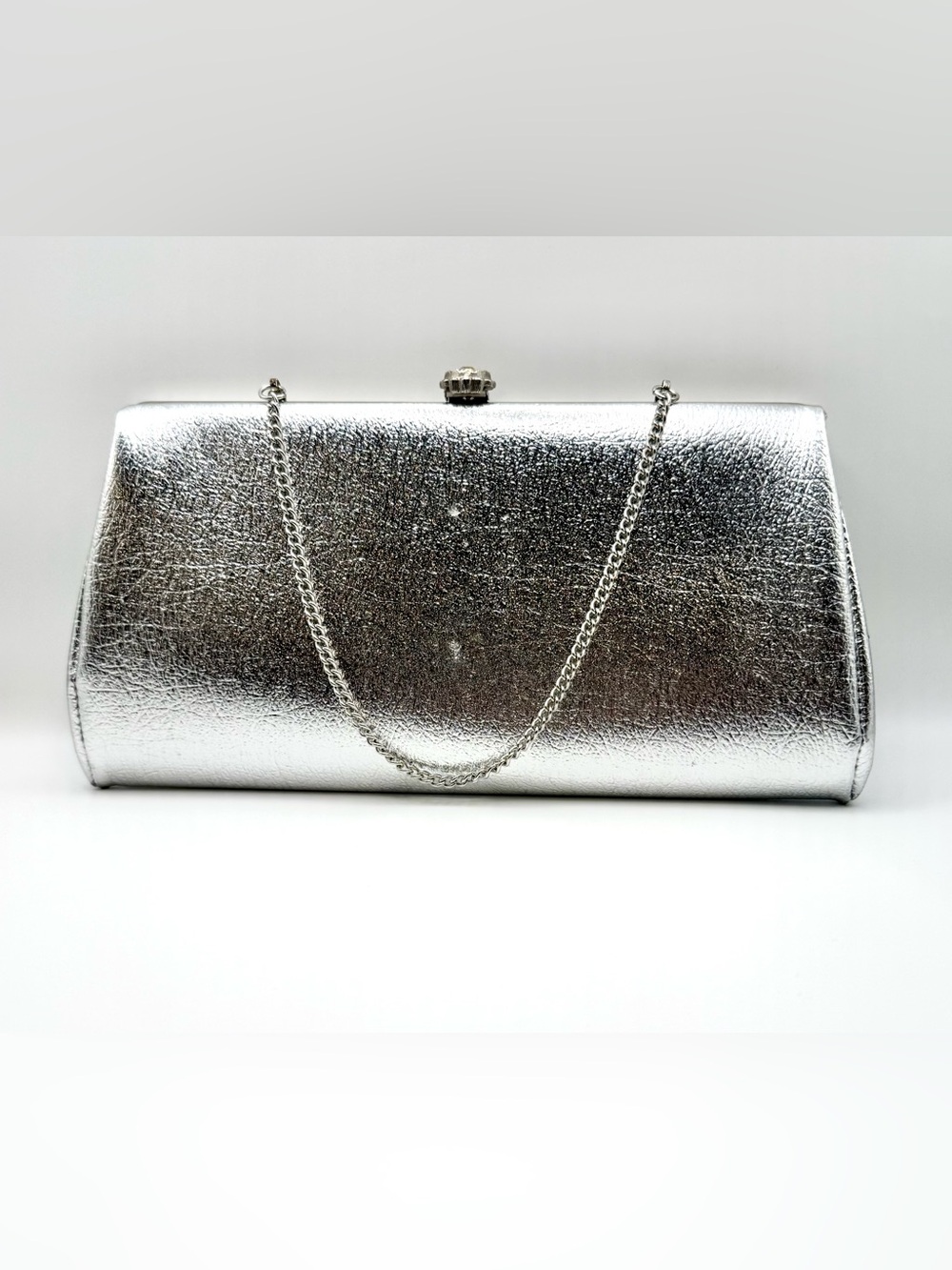 Vintage Silver Metallic Evening Clutch with Chain Strap
